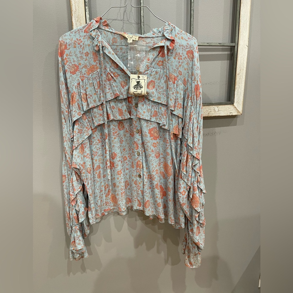 Easel Multicolored Flutter Sleeve Blouse with Sailor Collar